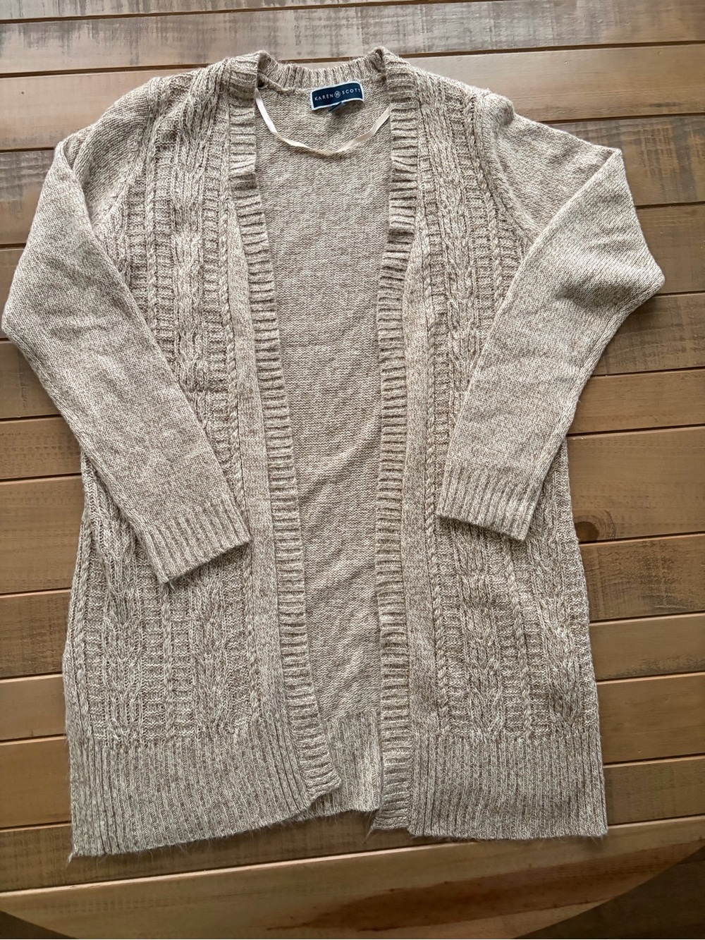 Karen Scott Beige Open-Front Cable Knit Cardigan